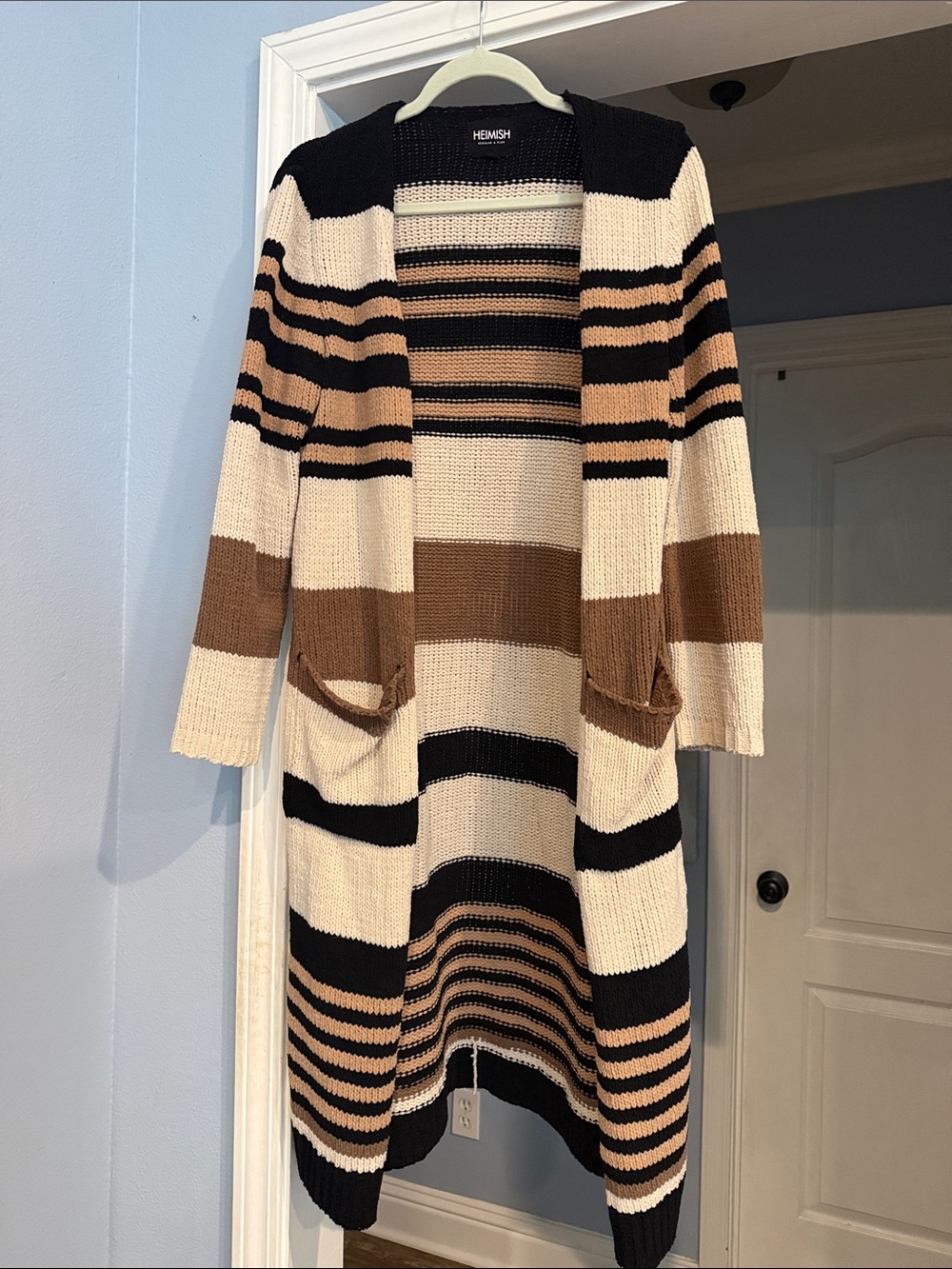 HEIMISH USA Striped Open-Front Cardigan in Cream, Black & Brown